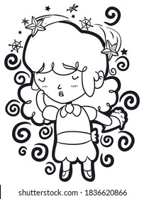 Little girl with dizzy effect because she ate her ice cream -also called brain freeze- with swirls, stars and snowflakes around her.