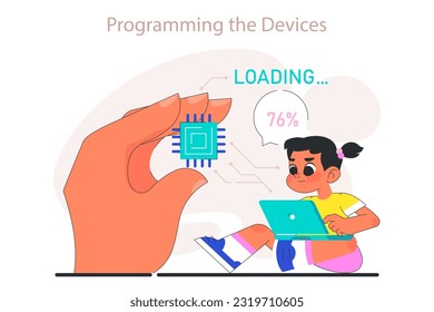 Little girl do programming. Computer science, AI, game technologies and robotics for kids. Web, apps and software development practice. Flat vector illustration