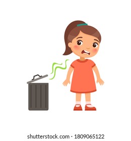 Little girl does not like the bad smell from the trash can. Expression of emotion on the face of a child. Cartoon character 
