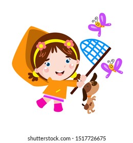 little girl with the dog is catching dragonflies cartoon Vector Template Design Illustration