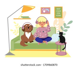 Little girl with a dog listen to music on headphones at home. The concept is quarantine. Stay at home. Vector illustration flat style