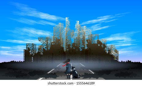 Little girl with a dog looks at the panorama of the destroyed city against the blue sky, rear view. Post-apocalyptic scenery. Dark ruins of skyscrapers, buildings. Vector Illustration stock.