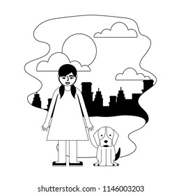 little girl with dog mascot in landscape