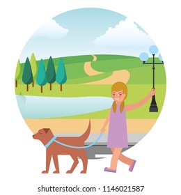 little girl with dog mascot in landscape