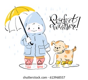 Little girl with dog and umbrella in the rain.  Hand-drawn illustration in pastel tones. Vector.