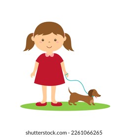 Little girl with dog vector illustration.