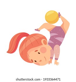 Little Girl Doing Artistic Gymnastics Somersaulting with Ball Vector Illustration