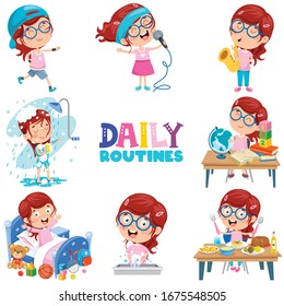 Little Girl Doing Daily Routine Activities