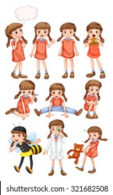 Little girl doing different activities illustration