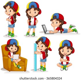 Little girl doing different activities illustration