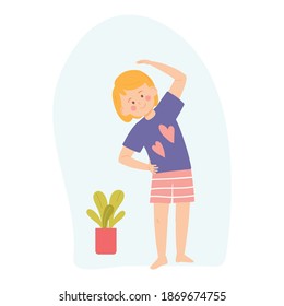 little girl doing exercises. Healthy lifestyle concept. Vector illustration for banners, posters, postcard. Cartoon style character.