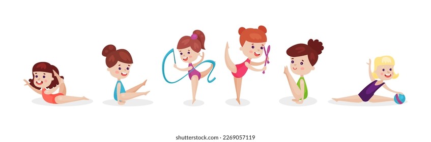 Little Girl Doing Gymnastics Exercises Stretching and with Ribbons Vector Illustration Set