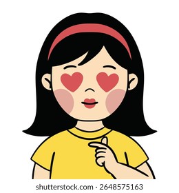 Little girl doing heart-shaped hand gestures showing love. Children dressed in yellow with shyness, heart-shaped eyes, character, meaning love, easy and straight to the point.