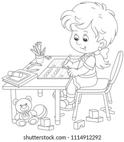 Little girl doing her homework in an exercise book with samples of writing, black and white vector illustration in a cartoon style for a coloring book