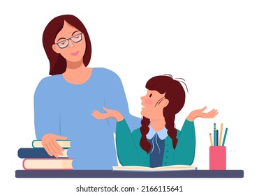 Little  girl is doing her homework and sadly spreads her hands. Mom is standing behind and listening to her daughter. Teacher helps the student. Vector illustration in flat style