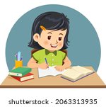 Little girl doing homework by read and writing on his desk. Vector illustration