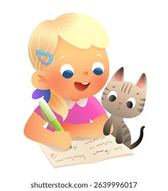 Little girl doing homework with her cat, writing in notebook. Kid drawing and writing with kitten. Elementary schoolgirl character writing in notebook studying. Vector children education illustration