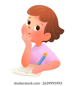 Little girl doing homework. Schoolgirl studying at home or at school, writing on paper. Primary child student or elementary schoolgirl character writing and thinking. Vector children illustration.