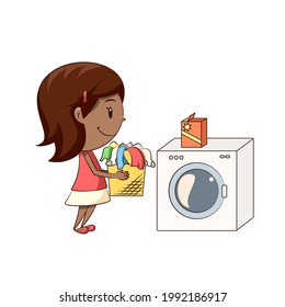 Little girl doing laundry, happy cute child 