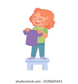 Little Girl Doing Laundry Holding Clean Clothes Vector Illustration
