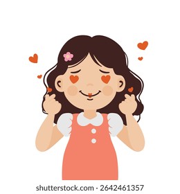 little girl  is doing a small heart-shaped hand gesture that shows love feelings. Children in red shirt with red love with shyness, heart-shaped eyes, character, meaning love, easy and to the point.