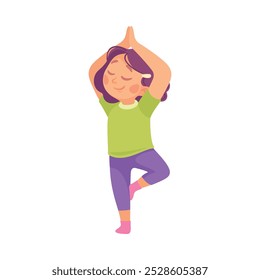 Little Girl Doing Yoga Standing in Asana Vector Illustration