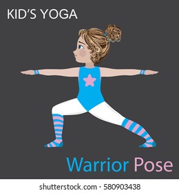 Little girl doing yoga. Warrior pose. Kid doing Yoga Poses. Gymnastics for children and healthy lifestyle. Vector. Isolated background