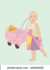 Little girl with doll carriage
