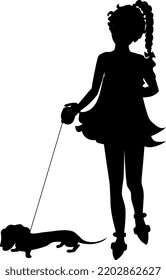 A little girl with a doll in her arms leads a red dachshund on a leash. Silhouette black