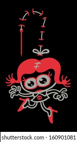 Little girl doll and red hair  perturbing big eyes  dress   shoes while hanging from thread which has been sewed to vertical surface and needle