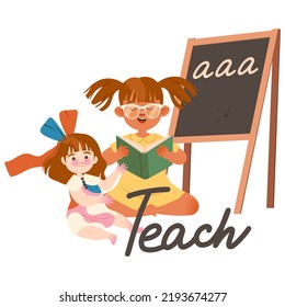 Little Girl With Doll Teaching As Verb Expressing Action For Kids Education Vector Illustration