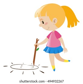 Little girl doodle on floor illustration