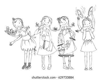 Little girl doodle, paying musical instrument, drawing, reading, cooking. School activities, educational concept