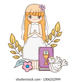 little girl with dove in first communion celebration