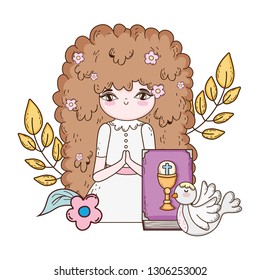 little girl with dove in first communion celebration
