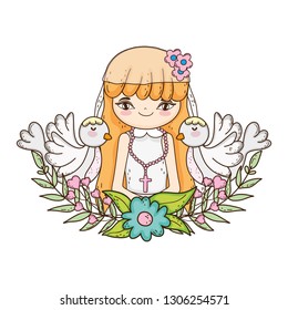 little girl and doves in first communion celebration
