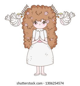 little girl and doves in first communion celebration
