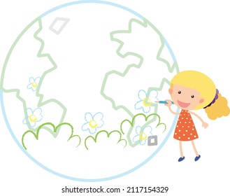 Little girl drawing earth globe on white background illustration