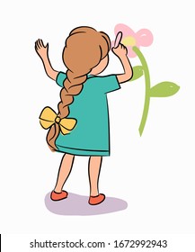 Little girl drawing flower on white wall. Cute child character standing isolated. Hobby, interest, fun. Creativity, education, development. Full length portrait. View form back. Vector illustration