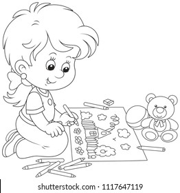 Little girl drawing a funny picture with pencils, black and white vector illustration in a cartoon style for a coloring book