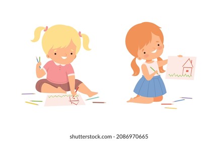 Little Girl Drawing on Paper with Colored Pencil Sitting on the Floor Vector Set
