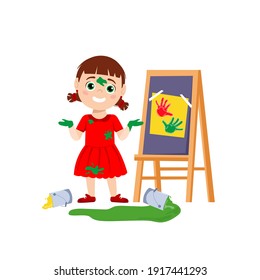 Little girl drawing picture with her hands. Naughty children behavior. Little kid tricks. Child plays and grows. Funny character. Vector illustration in a flat cartoon style on a white background.