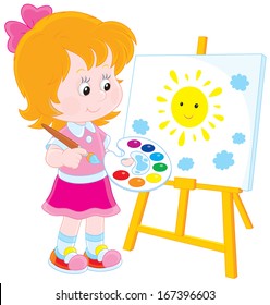 Little girl drawing a picture with a smiling yellow sun and small blue clouds