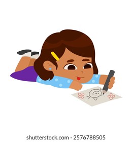 Little girl drawing pictures with color pencils on a paper laying on floor. Cartoon character isolated on white background. Vector illustration