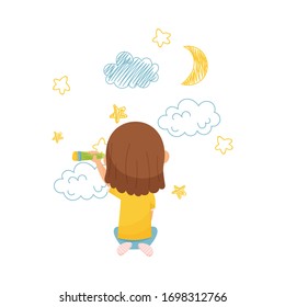 Little Girl Drawing Sky with Pencil on the Wall Vector Illustration