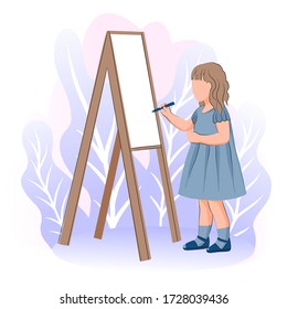 Little girl draws at the easel. Art school. Drawing in nature, open air. Hobbies, additional education, development of abilities. Flat style. Vector illustration.