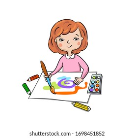 Little girl draws and paints, vector illustration.