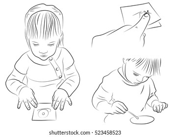 Little girl draws little girl shows a finger on the card, a child's hand on card, black - white vector illustration.