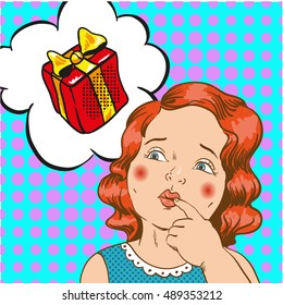 Little girl dreaming about a gift. Vector illustration in comic retro pop art style.