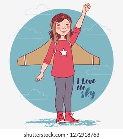 Little girl dreaming of becoming a pilot - Vector 